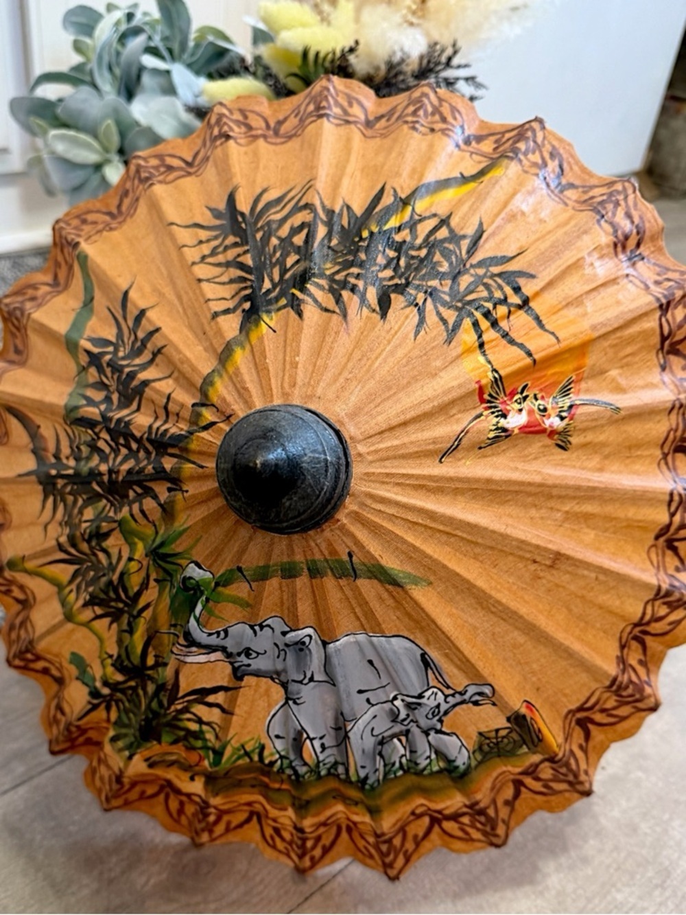 Vintage Hand Painted Asian Rice Paper Umbrella Parasol Bamboo  Elephants Artisan